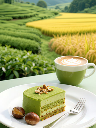 Green tea cake and cup of latte art on green tea field background