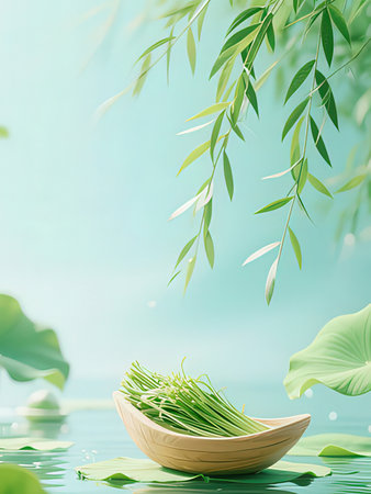 Green leaves and bamboo on blue water background. Natural organic concept.