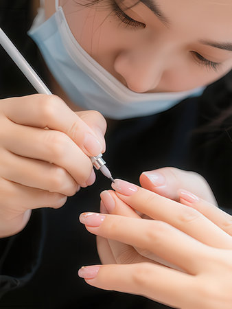 Manicure process in a beauty salon. Close-up of a female manicurist hands with a nail file.の写真素材
