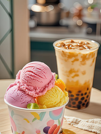 Ice cream with bubble tea in a cup on the wooden table.