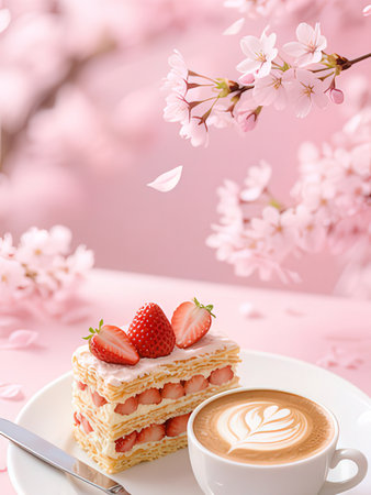 Coffee cup and strawberry cake with cherry blossom on pink background