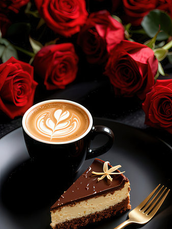 Cup of coffee and chocolate cake with red roses on black backgroundの写真素材