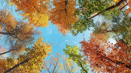 Autumn forest view from below into the sky. Colorful foliage