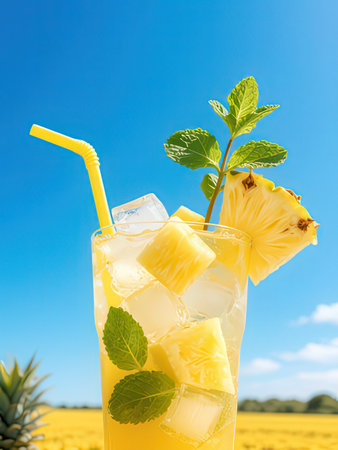 Pineapple juice with ice and mint on blue sky background.