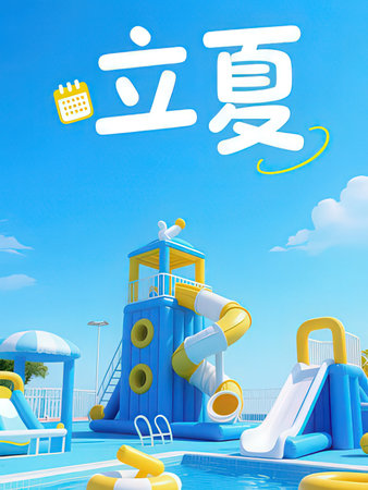 Playground in the blue sky, 3D rendering. Chinese characters on the water.
