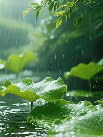 Lotus leaf with water drops in the rain, nature background.