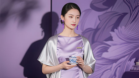 beautiful asian woman in evening dress holding cup of tea on purple backgroundの写真素材