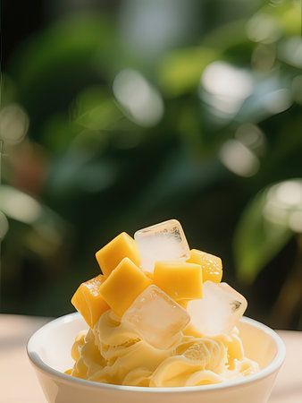 close up of mango ice cream in white bowl on wooden table with blurred background