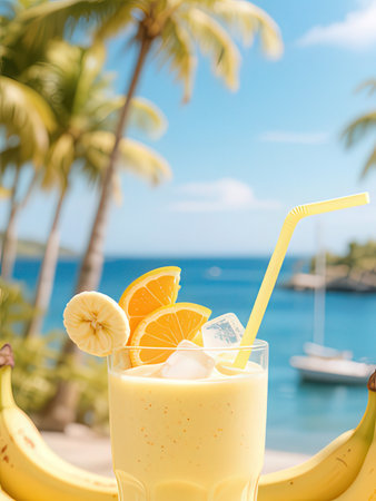 Banana smoothie with ice on the beach. Tropical background.