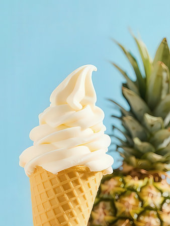 ice cream in waffle cone and pineapple on blue background, close up