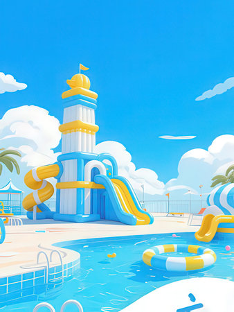 Water park with swimming pool and inflatable ring. Vector illustration.