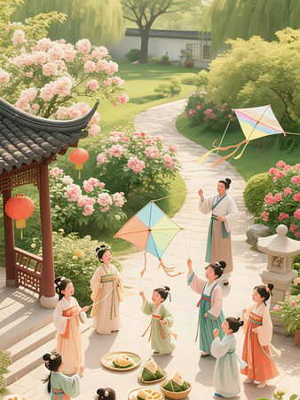 Chinese family in traditional clothes walking in the garden with a kite