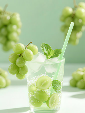 Glass of fresh grape juice with ice cubes and mint on light backgroundの写真素材