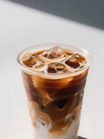 Iced coffee in plastic cup with ice cubes on white background.