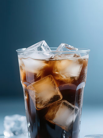 glass of cola with ice cubes on blue background, soft drink