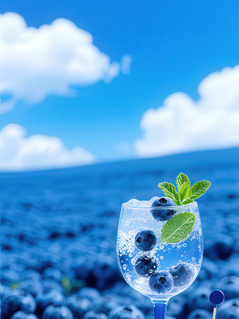 Blueberry drink with blueberries and mint in glass on blue sky backgroundの写真素材