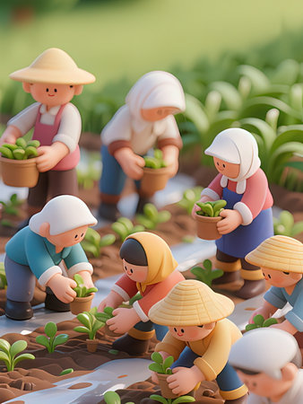 Farmers planting seedlings in the garden. 3D illustration.の写真素材