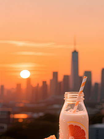 A bottle of fresh orange smoothie with a straw on the background of the city.