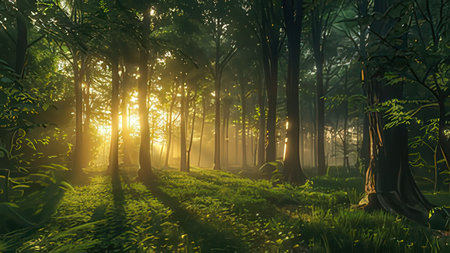Morning in the forest with fog and sun rays. 3d renderingの写真素材