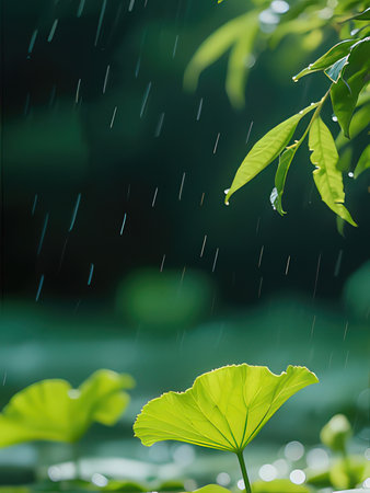 Green leaves in the rain on a dark background. Shallow depth of field
