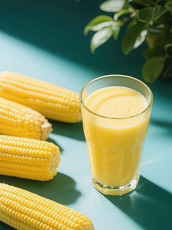 Glass of fresh corn juice with corncob on blue background.