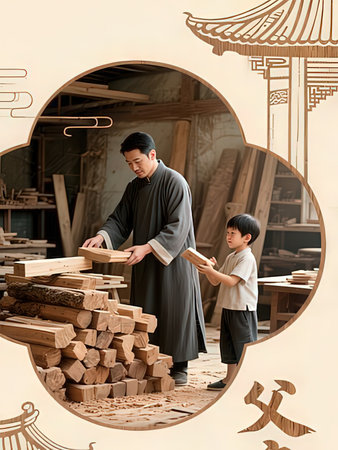 Asian father and son carving wood together in chinese traditional style.の写真素材