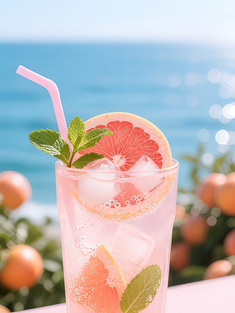 Grapefruit lemonade with mint and ice on the beach.