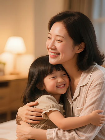Happy asian family spending time together at home. Mother and daughter hugging and smiling.の写真素材