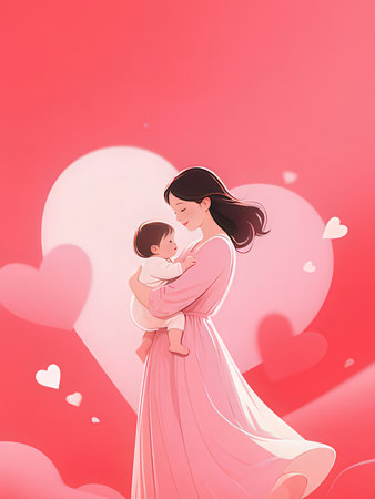 Mother and baby in love on a pink background with hearts. Vector illustration.の写真素材