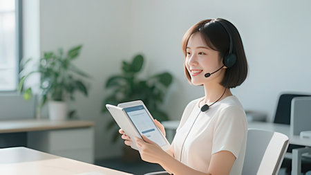 asian woman call center with headset and tablet pc in modern officeのeditorial素材