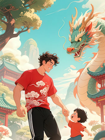 Chinese New Year of the Dragon. Chinese man with his son and dragonの写真素材