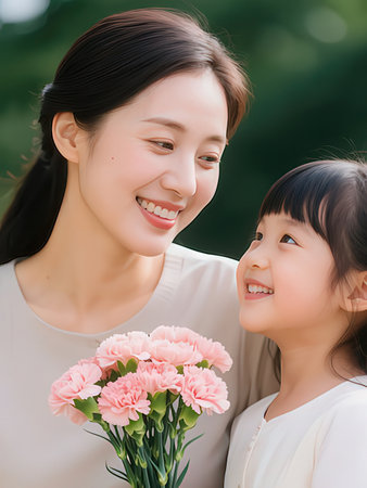 Asian mother and daughter with flowers in the park. Happy family concept.の写真素材