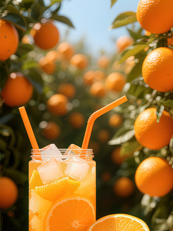 Orange juice in glass with ice cubes and straws on orange tree backgroundの写真素材