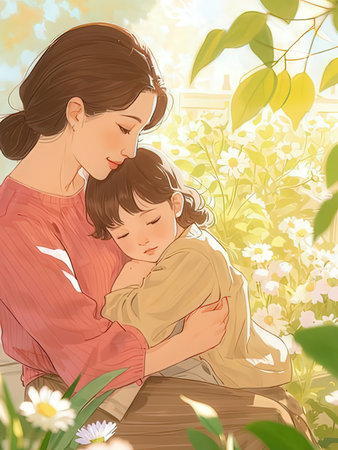 Mother and daughter hugging on a background of flowers. Vector illustration.の写真素材