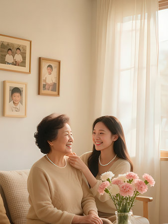 Asian senior mother with her adult daughter at home, lifestyle concept.の写真素材
