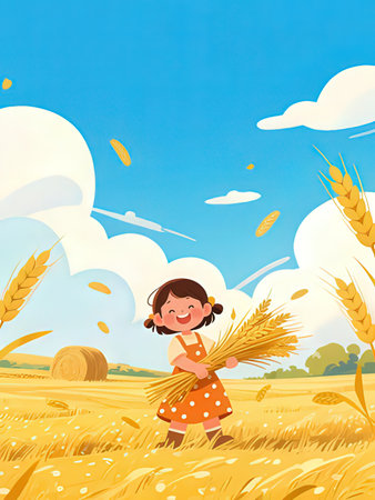 Cute little girl with wheat ears in field. Vector illustration.の写真素材