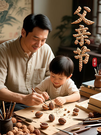 Asian father and son making gingerbread cookies in the kitchen at homeの写真素材