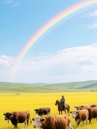 Cattle grazing in a yellow field with a rainbow in the skyの写真素材