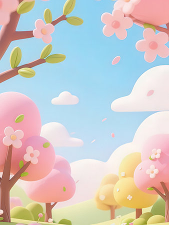 Spring background with cherry blossoms and clouds in the sky. Vector illustration.の写真素材