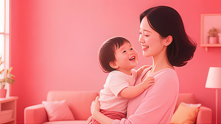 happy asian mother and daughter playing together in living room at homeの写真素材