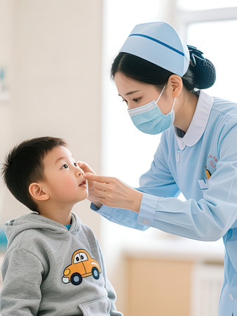 Doctor examining little boy in hospital, healthcare and medical concept, selective focusの写真素材