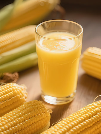 Glass of fresh corn juice with corns on wooden background, closeupの写真素材