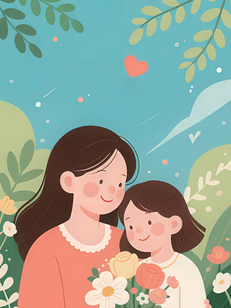 Happy mother's day greeting card with her daughter. Vector illustration.の写真素材