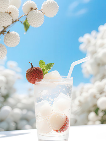 Litchi cocktail with ice cubes and mint leaves on blue sky backgroundの写真素材
