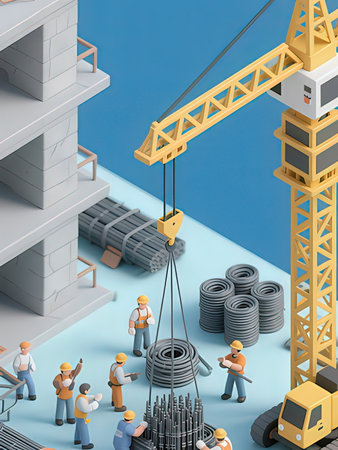 Construction site with crane, building materials and workers. 3d illustrationの写真素材
