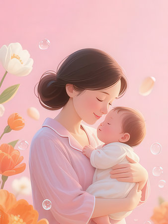 Mother and baby on a pink background with tulips and soap bubblesの写真素材