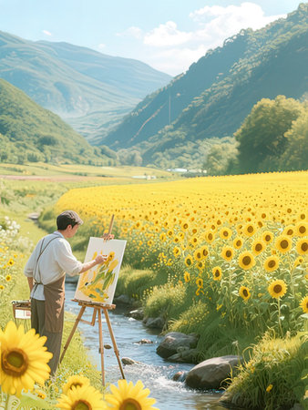 Senior artist painting on a field of sunflowers in the countrysideの写真素材