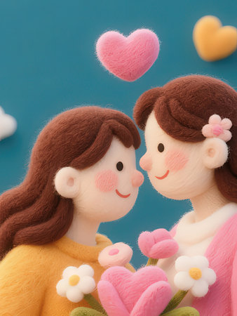 Couple dolls with heart and flower on blue background, valentine day conceptの写真素材