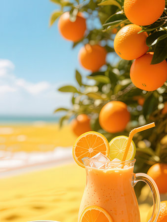 Fresh orange juice with ice and lemon on the background of the seaの写真素材