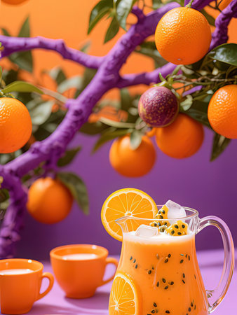 Orange smoothie in a jug with a slice of orange on a purple backgroundの写真素材